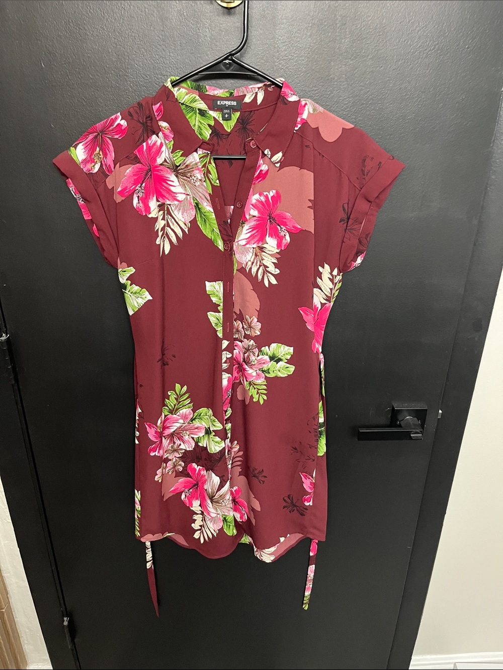 Express Burgundy Floral Dress with Pink & Green Accents